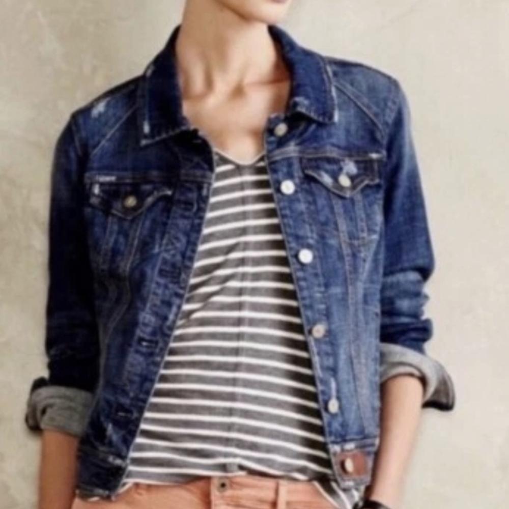 Pilcro and the Letterpress Anthropology Blu Distressed Denim Jean Jacket Size XS